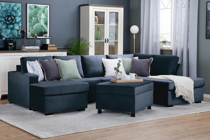 Crazy 4-sits Högervänd U-formad Large Soffa med Divan och Schäslong i Sammet - Blå - Möbler - Vardagsrum - Soffor - U-soffor