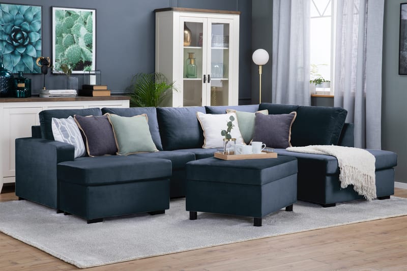 Crazy 4-sits Högervänd U-formad Large Soffa med Divan och Schäslong i Sammet - Blå - Möbler - Vardagsrum - Soffor - U-soffor