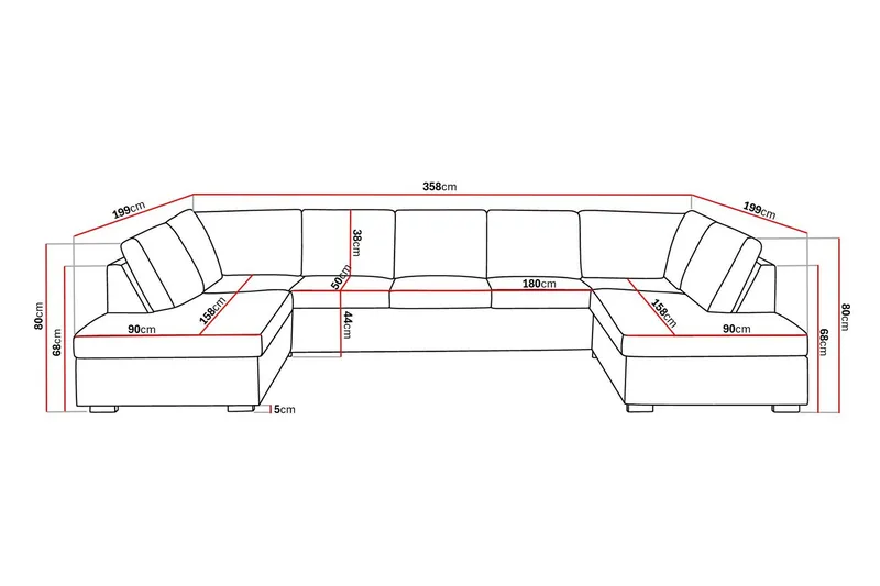 Crazy 5-sits U-formad Soffa med dubbelschäslong i Konstläder - Svart - Möbler - Vardagsrum - Soffor - Skinnsoffor