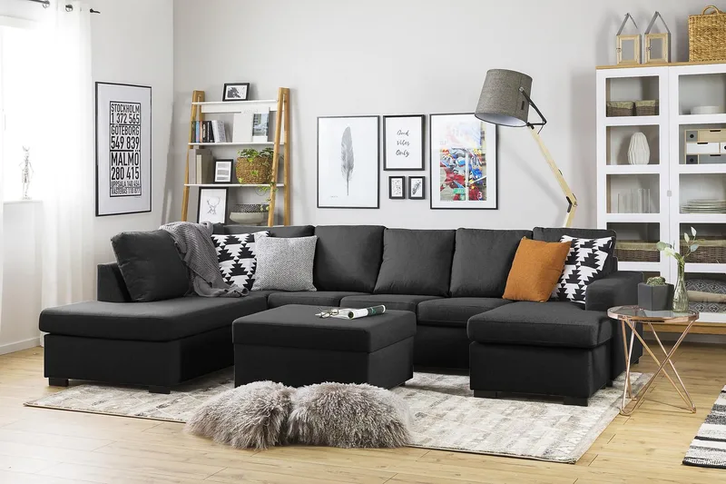 Crazy 5-sits Vänstervänd U-formad Soffa med Divan och Schäslong i Tyg - Antracit - Möbler - Vardagsrum - Soffor - U-soffor