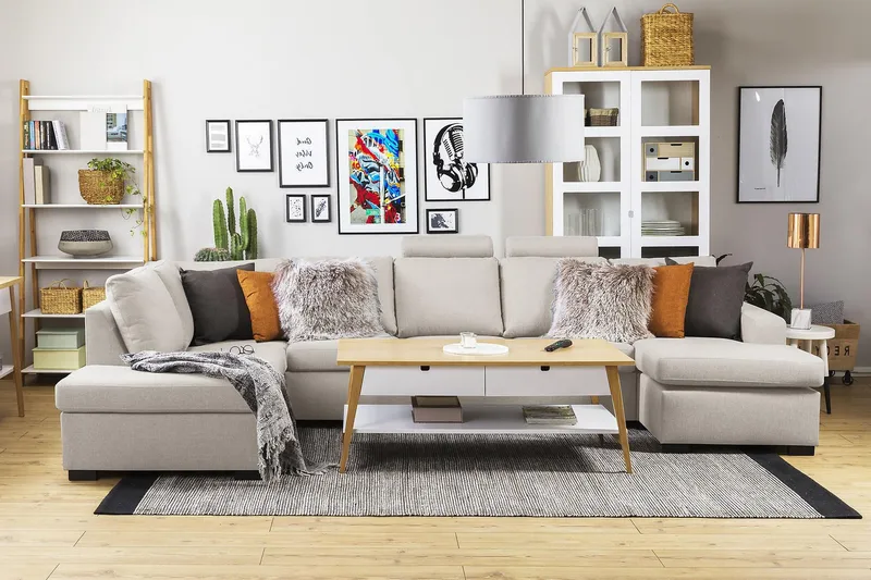Crazy 5-sits Vänstervänd U-formad X-Large Soffa med Divan och Schäslong i Tyg - Beige - Möbler - Vardagsrum - Soffor - U-soffor