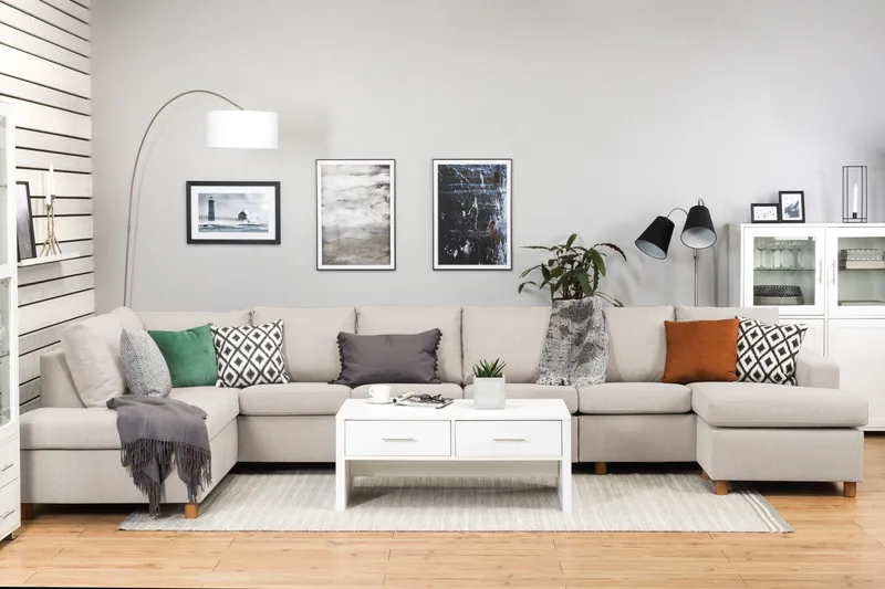 Crazy 6-sits Vänstervänd U-formad XX-Large Soffa med Divan och Schäslong i Tyg - Beige - Möbler - Vardagsrum - Soffor - U-soffor