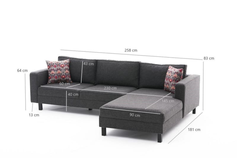 BELLSON Soffa m. Divan 4-sits Antracit - Divansoffa & schäslong