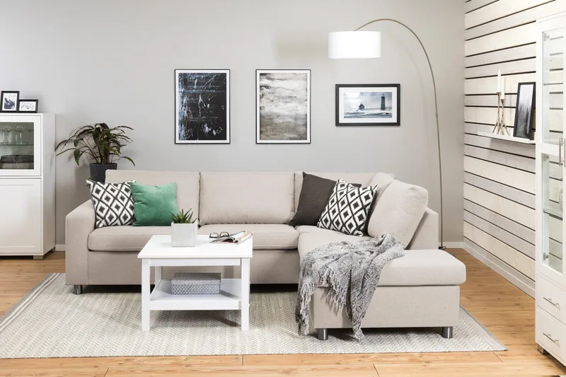 Crazy 3-sits Högervänd L-formad Schäslongsoffa i Tyg - Beige - Möbler - Vardagsrum - Soffor - Divansoffa & schäslong