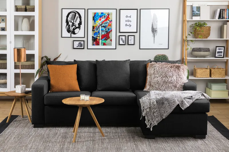 Crazy 3-sits Vändbar L-formad Divansoffa i Tyg inkl Kuvertkuddar - Mörkgrå - Möbler - Vardagsrum - Soffor - Divansoffa & schäslong