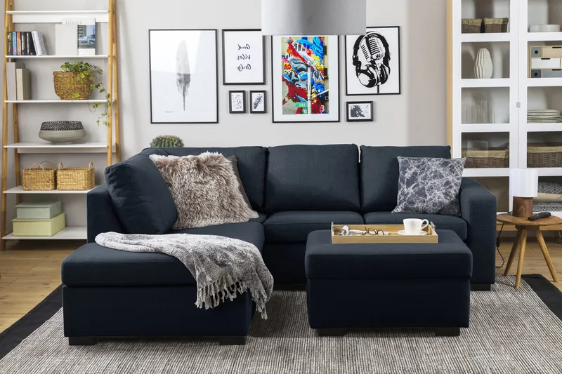 Crazy 3-sits Vänstervänd L-formad Schäslongsoffa i Tyg - Blå - Möbler - Vardagsrum - Soffor - Divansoffa & schäslong