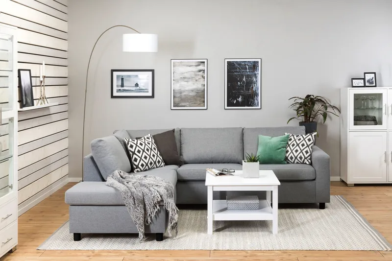 Crazy 3-sits Vänstervänd L-formad Schäslongsoffa i Tyg - Grå - Möbler - Vardagsrum - Soffor - Divansoffa & schäslong