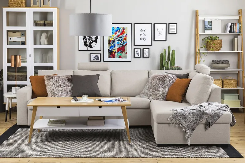 Crazy 4-sits Högervänd L-formad Schäslongsoffa i Tyg - Beige - Möbler - Vardagsrum - Soffor - Divansoffa & schäslong