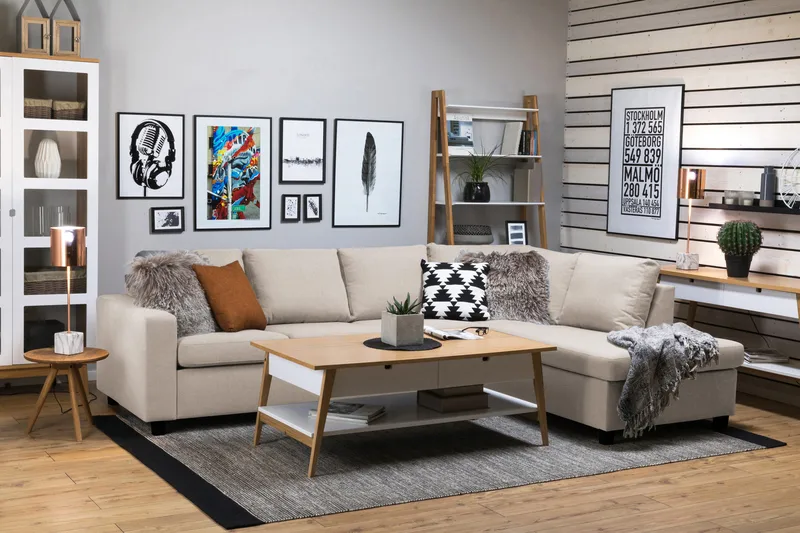 Crazy 4-sits Högervänd L-formad Schäslongsoffa i Tyg - Beige - Möbler - Vardagsrum - Soffor - Divansoffa & schäslong