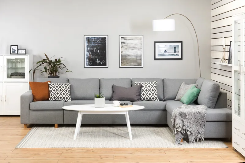 Crazy 5-sits Högervänd L-formad Schäslongsoffa i Tyg - Grå - Möbler - Vardagsrum - Soffor - Divansoffa & schäslong