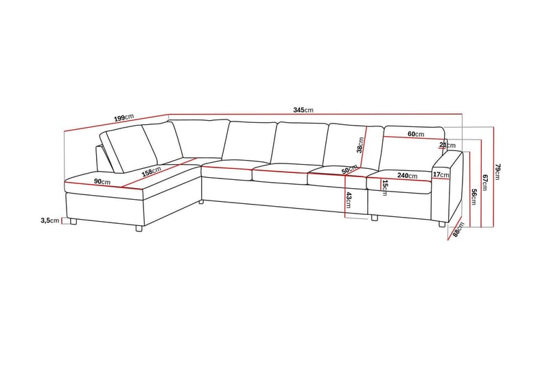 Crazy 5-sits Vänstervänd L-formad Schäslongsoffa i Tyg - Antracit - Möbler - Vardagsrum - Soffor - Divansoffa & schäslong