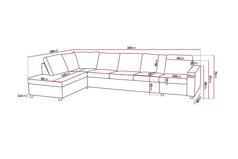 Crazy 5-sits Vänstervänd L-formad Schäslongsoffa i Tyg - Antracit - Möbler - Vardagsrum - Soffor - Divansoffa & schäslong