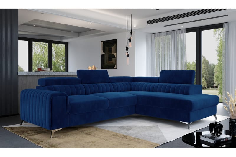 Laurece 3-sits Höger L-formad Schäslongsoffa med Divan i Sammet, Blå