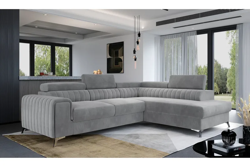 Laurece 4-sits Högervänd L-formad Bäddsoffa 125x210 cm i Plysch, Grå