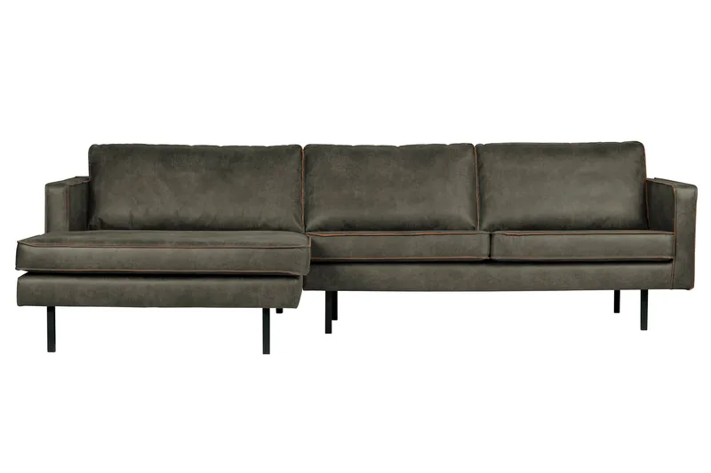 Lissbon 3-sits Vänster L-formad Divansoffa 300 cm i Läder, Mörk Olivgrå