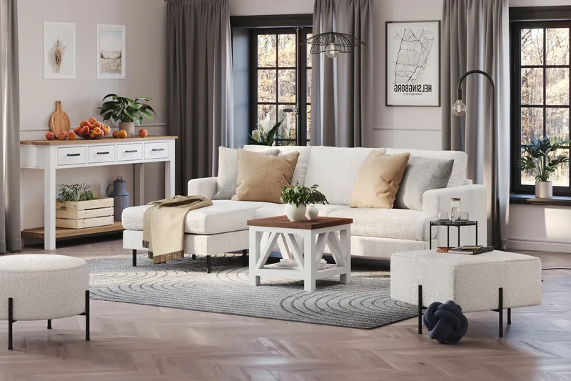 Menard Compact 3-sits Vänstervänd L-formad Divansoffa i Bouclé - Vit - Möbler - Vardagsrum - Soffor - Divansoffa & schäslong