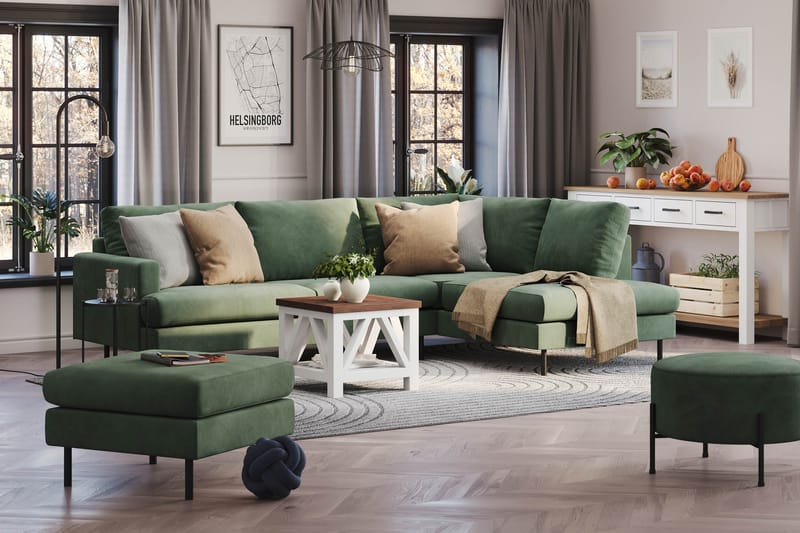 Menard Compact 4-sits Högervänd L-formad Schäslongsoffa i Manchester - Grön - Möbler - Vardagsrum - Soffor - Divansoffa & schäslong