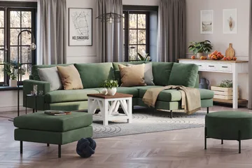 Menard Compact 4-sits Högervänd L-formad Schäslongsoffa i Manchester - Grön - Möbler - Vardagsrum - Soffor - Divansoffa & schäslong