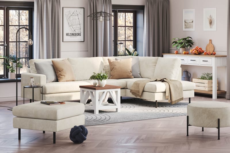Menard Compact 4-sits Högervänd L-formad Schäslongsoffa i Sammet - Krämvit - Möbler - Vardagsrum - Soffor - Divansoffa & schäslong