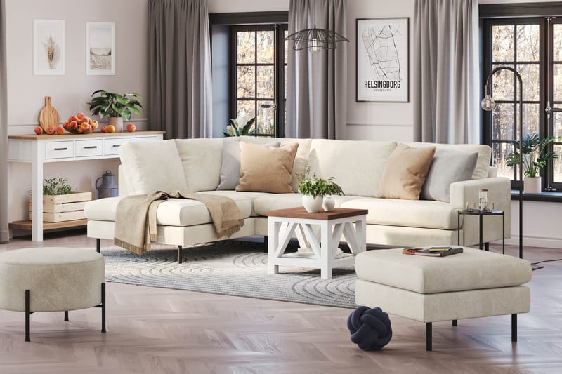 Menard Compact 4-sits Vänstervänd L-formad Schäslongsoffa i Sammet - Krämvit - Möbler - Vardagsrum - Soffor - Divansoffa & schäslong