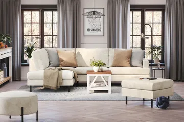 Menard Compact 4-sits Vänstervänd L-formad Schäslongsoffa i Sammet - Krämvit - Möbler - Vardagsrum - Soffor - Divansoffa & schäslong
