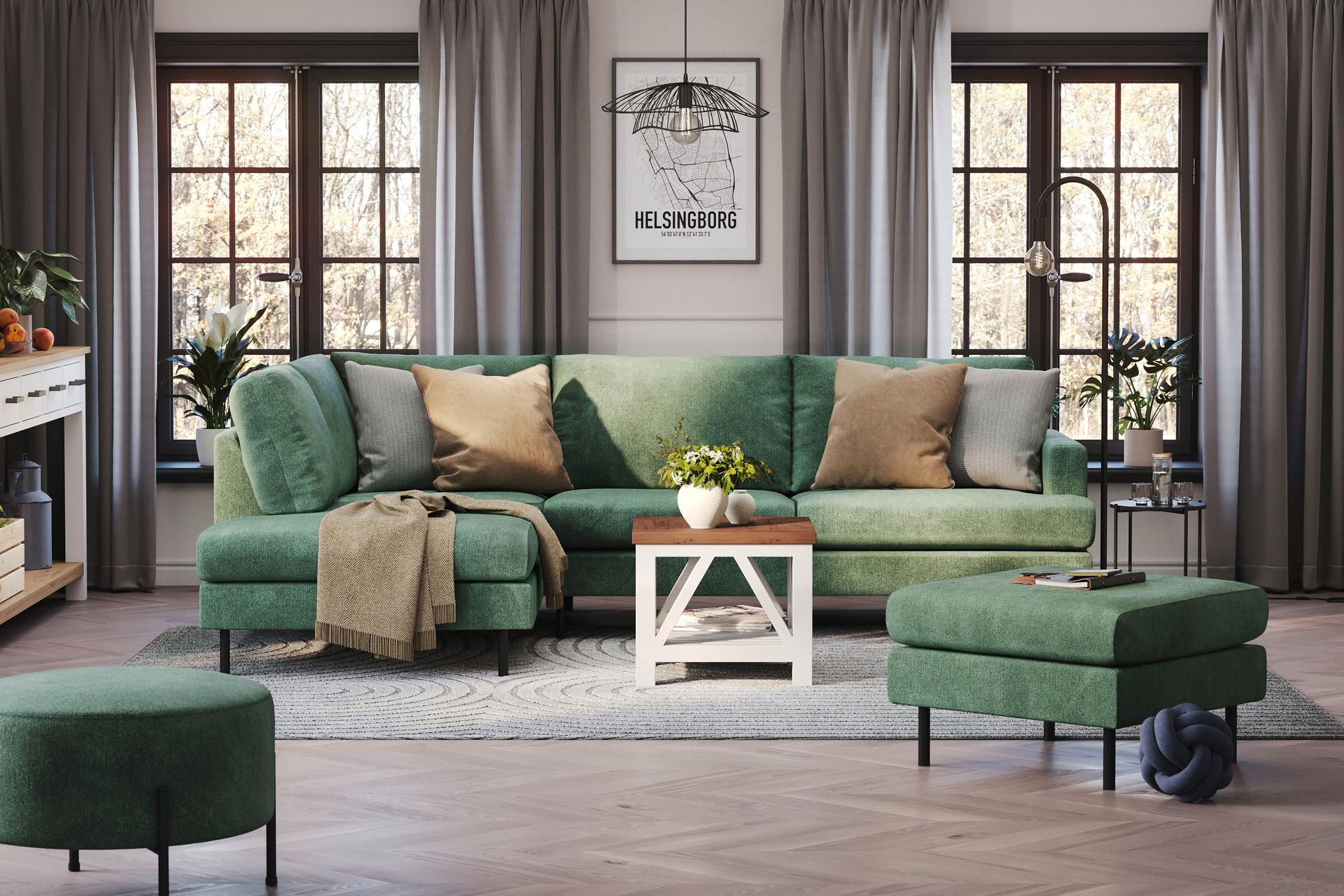 Menard Compact 4-sits Vänstervänd L-formad Schäslongsoffa i Sammet - Mörkgrön - Möbler - Vardagsrum - Soffor - Divansoffa & schäslong
