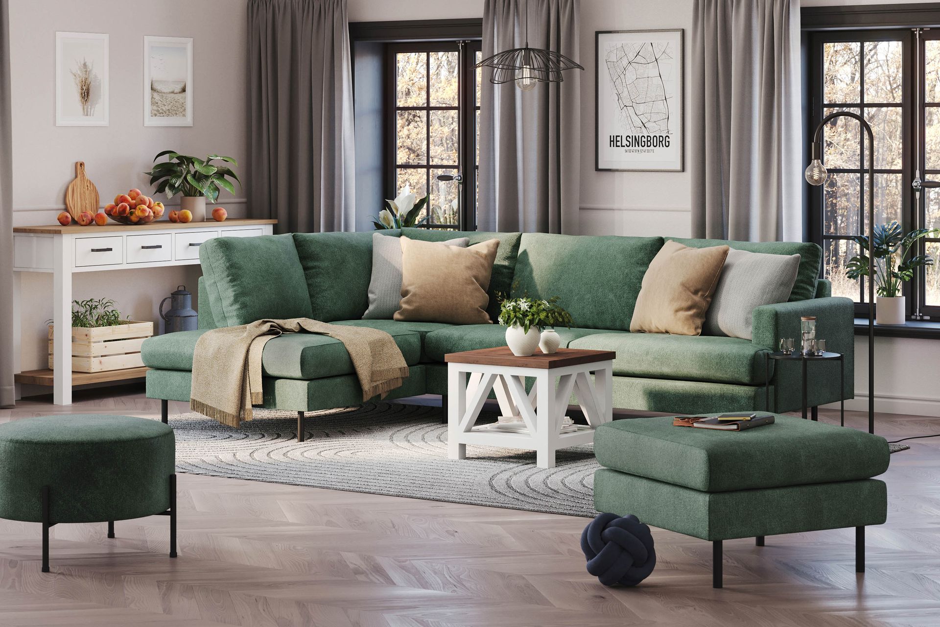 Menard Compact 4-sits Vänstervänd L-formad Schäslongsoffa i Sammet - Mörkgrön - Möbler - Vardagsrum - Soffor - Divansoffa & schäslong