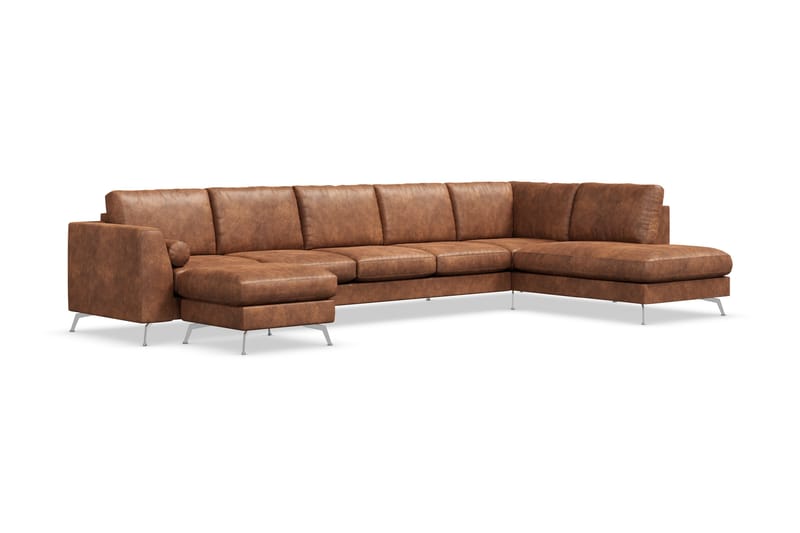 Ocean Lyx 6-sits Högervänd U-formad Soffa med Divan och Schäslong + Fotpall i Konstläder - Brun - Möbler - Vardagsrum - Soffor - Skinnsoffor
