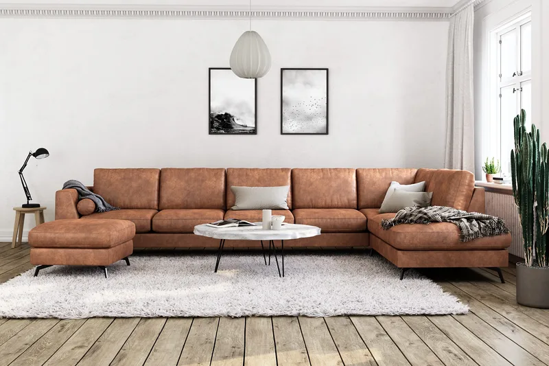 Ocean Lyx 6-sits Högervänd U-formad Soffa med Divan och Schäslong + Fotpall i Konstläder - Brun - Möbler - Vardagsrum - Soffor - Skinnsoffor