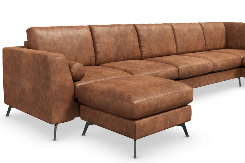 Ocean Lyx 6-sits Högervänd U-formad Soffa med Divan och Schäslong + Fotpall i Konstläder - Brun - Möbler - Vardagsrum - Soffor - Skinnsoffor