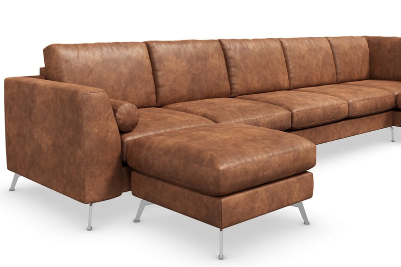 Ocean Lyx 6-sits Högervänd U-formad Soffa med Divan och Schäslong + Fotpall i Konstläder - Brun - Möbler - Vardagsrum - Soffor - Skinnsoffor