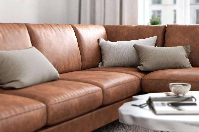 Ocean Lyx 6-sits Högervänd U-formad Soffa med Divan och Schäslong + Fotpall i Konstläder - Brun - Möbler - Vardagsrum - Soffor - Skinnsoffor