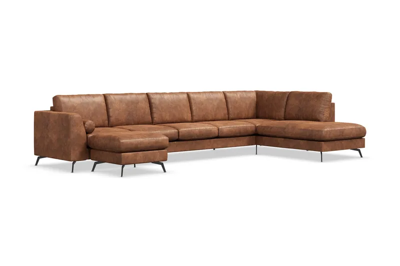 Ocean Lyx 6-sits Högervänd U-formad Soffa med Divan och Schäslong + Fotpall i Konstläder - Brun - Möbler - Vardagsrum - Soffor - Skinnsoffor