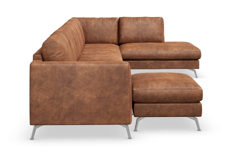 Ocean Lyx 6-sits Högervänd U-formad Soffa med Divan och Schäslong + Fotpall i Konstläder - Brun - Möbler - Vardagsrum - Soffor - Skinnsoffor