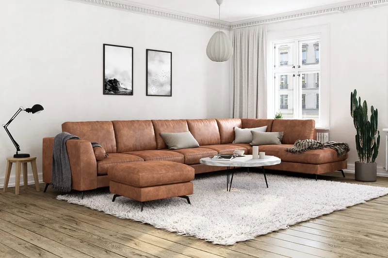 Ocean Lyx 6-sits Högervänd U-formad Soffa med Divan och Schäslong + Fotpall i Konstläder - Brun - Möbler - Vardagsrum - Soffor - Skinnsoffor