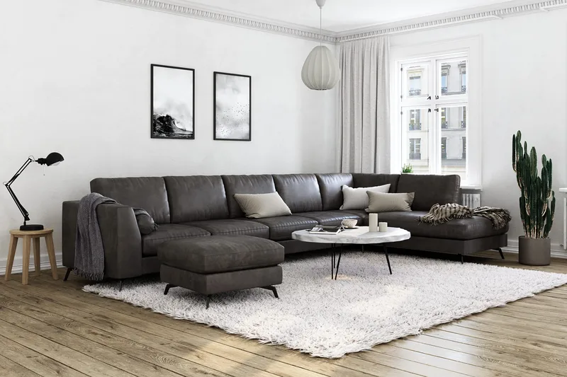 Ocean Lyx 6-sits Högervänd U-formad Soffa med Divan och Schäslong + Fotpall i Konstläder - Mörkgrå - Möbler - Vardagsrum - Soffor - Skinnsoffor