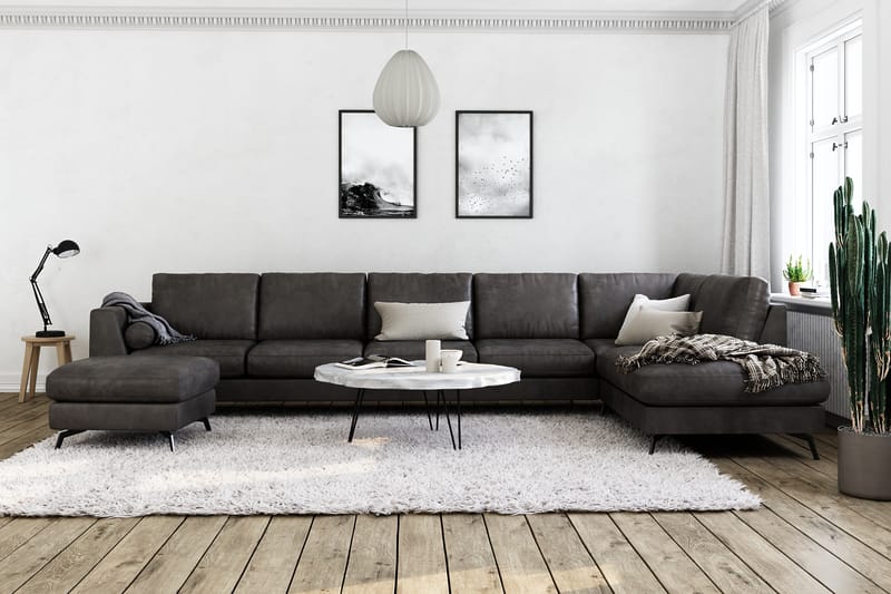 Ocean Lyx 6-sits Högervänd U-formad Soffa med Divan och Schäslong + Fotpall i Konstläder - Mörkgrå - Möbler - Vardagsrum - Soffor - Divansoffa & schäslong