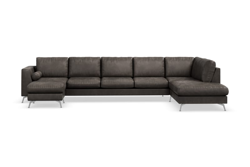 Ocean Lyx 6-sits Högervänd U-formad Soffa med Divan och Schäslong + Fotpall i Konstläder - Mörkgrå - Möbler - Vardagsrum - Soffor - Divansoffa & schäslong