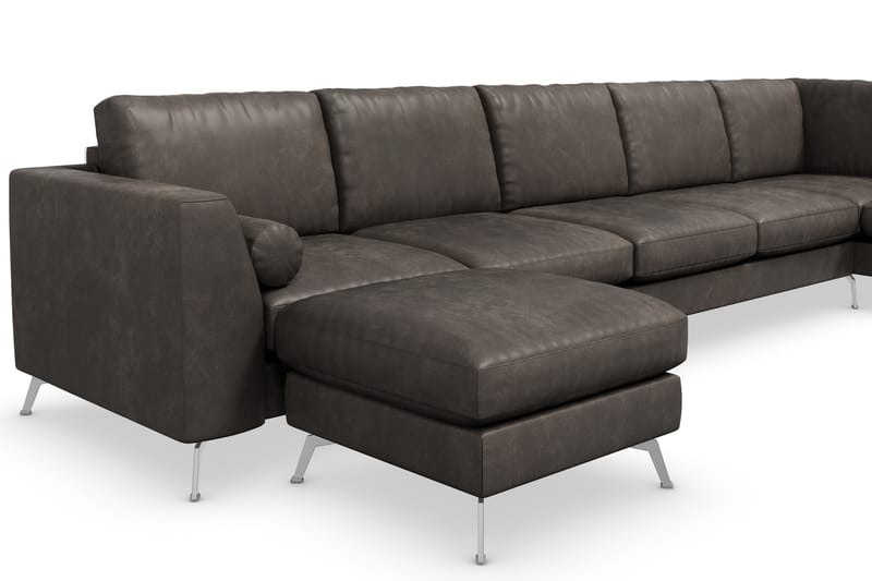Ocean Lyx 6-sits Högervänd U-formad Soffa med Divan och Schäslong + Fotpall i Konstläder - Mörkgrå - Möbler - Vardagsrum - Soffor - Divansoffa & schäslong