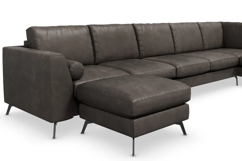 Ocean Lyx 6-sits Högervänd U-formad Soffa med Divan och Schäslong + Fotpall i Konstläder - Mörkgrå - Möbler - Vardagsrum - Soffor - Skinnsoffor