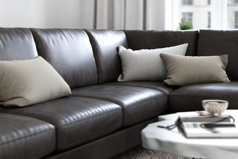 Ocean Lyx 6-sits Högervänd U-formad Soffa med Divan och Schäslong + Fotpall i Konstläder - Mörkgrå - Möbler - Vardagsrum - Soffor - Skinnsoffor