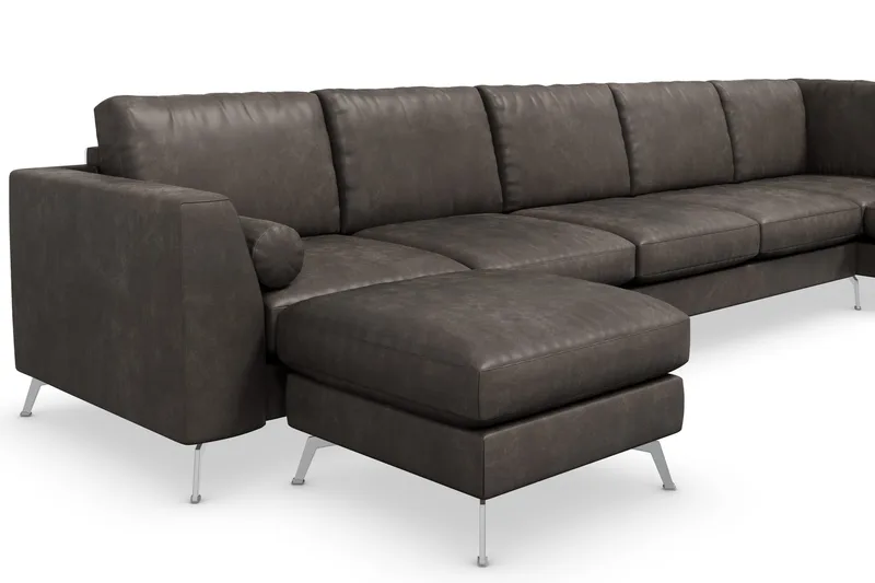 Ocean Lyx 6-sits Högervänd U-formad Soffa med Divan och Schäslong + Fotpall i Konstläder - Mörkgrå - Möbler - Vardagsrum - Soffor - Skinnsoffor