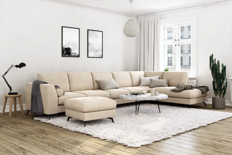 Ocean Lyx 6-sits Högervänd U-formad Soffa med Divan och Schäslong + Fotpall i Sammet - Beige - Möbler - Vardagsrum - Soffor - Sammetssoffor