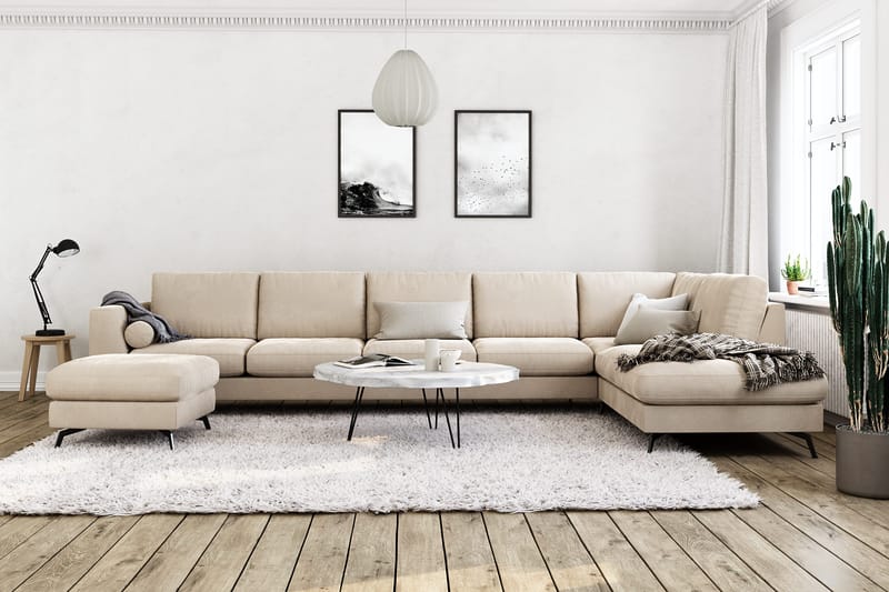 Ocean Lyx 6-sits Högervänd U-formad Soffa med Divan och Schäslong + Fotpall i Sammet - Beige - Möbler - Vardagsrum - Soffor - Divansoffa & schäslong