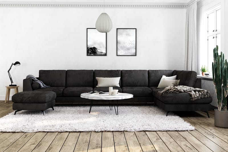 Ocean Lyx 6-sits Högervänd U-formad Soffa med Divan och Schäslong + Fotpall i Sammet - Mörkgrå - Möbler - Vardagsrum - Soffor - Divansoffa & schäslong