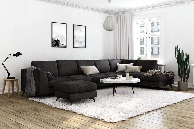 Ocean Lyx 6-sits Högervänd U-formad Soffa med Divan och Schäslong + Fotpall i Sammet - Mörkgrå - Möbler - Vardagsrum - Soffor - Divansoffa & schäslong
