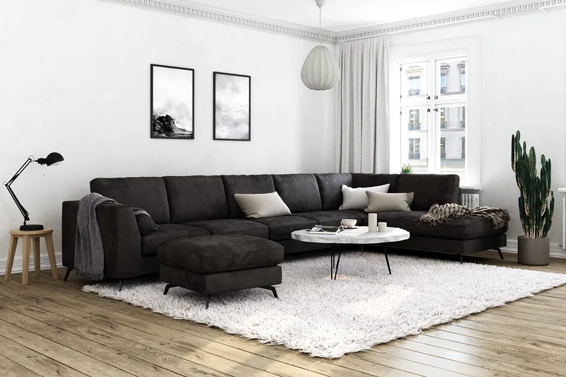 Ocean Lyx 6-sits Högervänd U-formad Soffa med Divan och Schäslong + Fotpall i Sammet - Mörkgrå - Möbler - Vardagsrum - Soffor - Sammetssoffor