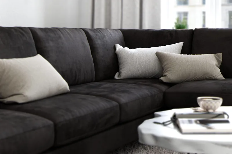 Ocean Lyx 6-sits Högervänd U-formad Soffa med Divan och Schäslong + Fotpall i Sammet - Mörkgrå - Möbler - Vardagsrum - Soffor - Sammetssoffor