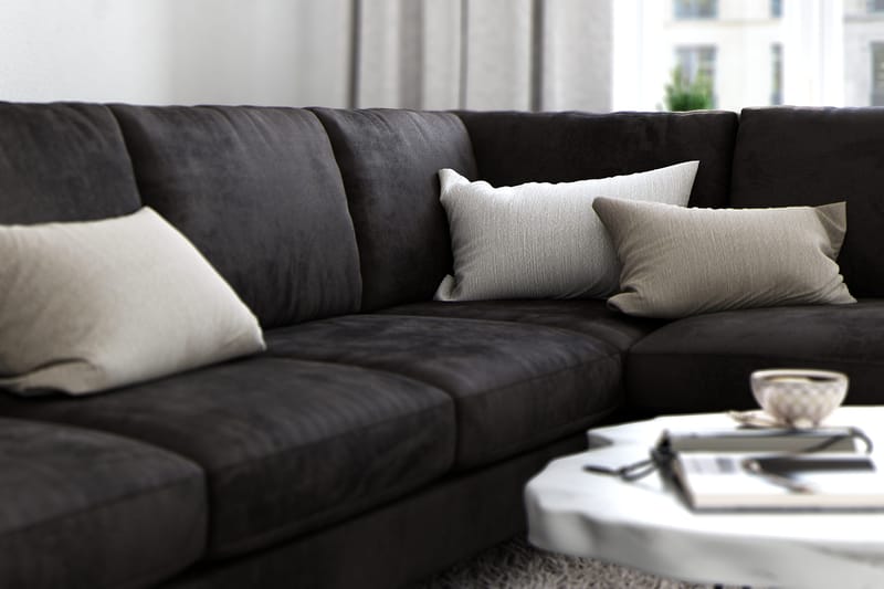 Ocean Lyx 6-sits Högervänd U-formad Soffa med Divan och Schäslong + Fotpall i Sammet - Mörkgrå - Möbler - Vardagsrum - Soffor - Sammetssoffor