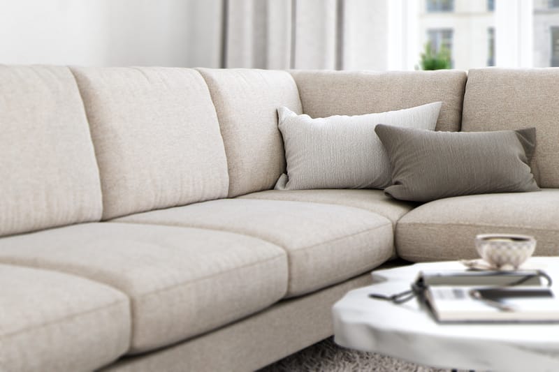 Ocean Lyx 6-sits Högervänd U-formad Soffa med Divan och Schäslong + Fotpall i Tyg - Beige - Möbler - Vardagsrum - Soffor - Divansoffa & schäslong